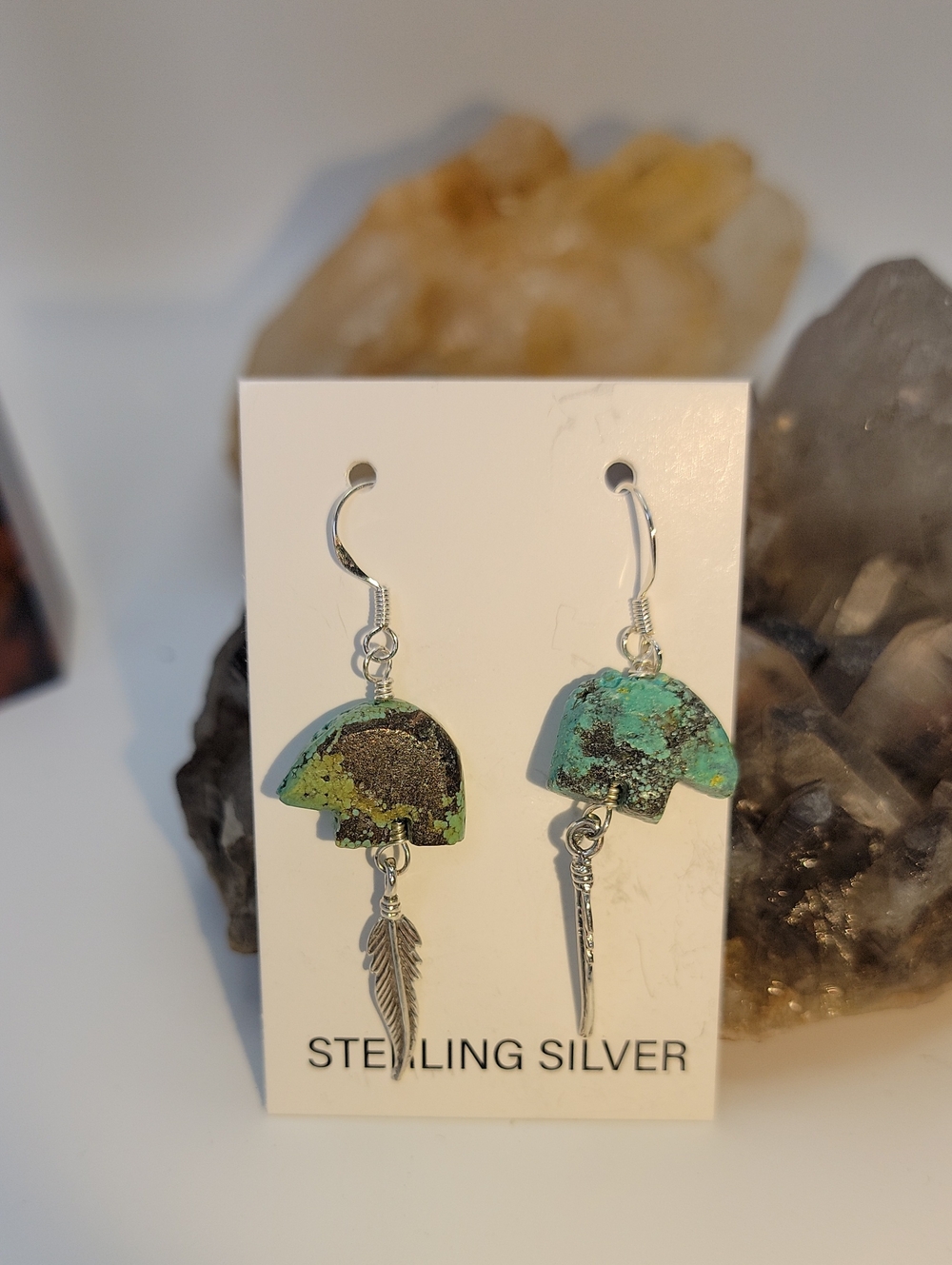 NEW Sterling Silver Kingman Turquoise Carved Bear & Feather Dangle Earrings - Picture 3 of 10